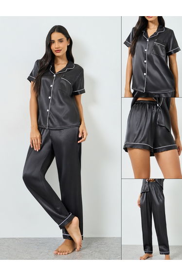 Pack of 3 - Satin Short Sleeve Shirt, Pyjama And Shorts Set