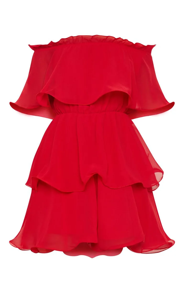 Shop Red Chiffon Bardot Ruffle Tiered Dress Online in Oman