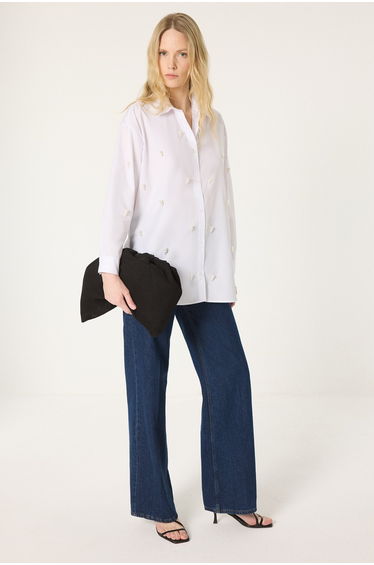 FAUX PEARL DETAILED POPLIN SHIRT