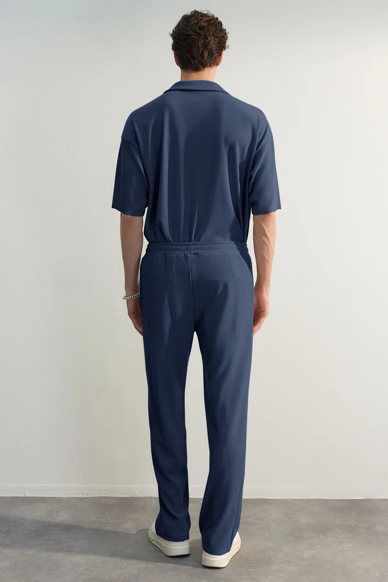 Limited Edition Indigo Men's Oversize Short Sleeve Textured Wrinkle-Free Ottoman Seamless Polo Collar T-Shirt - 3