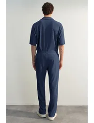 Limited Edition Indigo Men's Oversize Short Sleeve Textured Wrinkle-Free Ottoman Seamless Polo Collar T-Shirt - 3