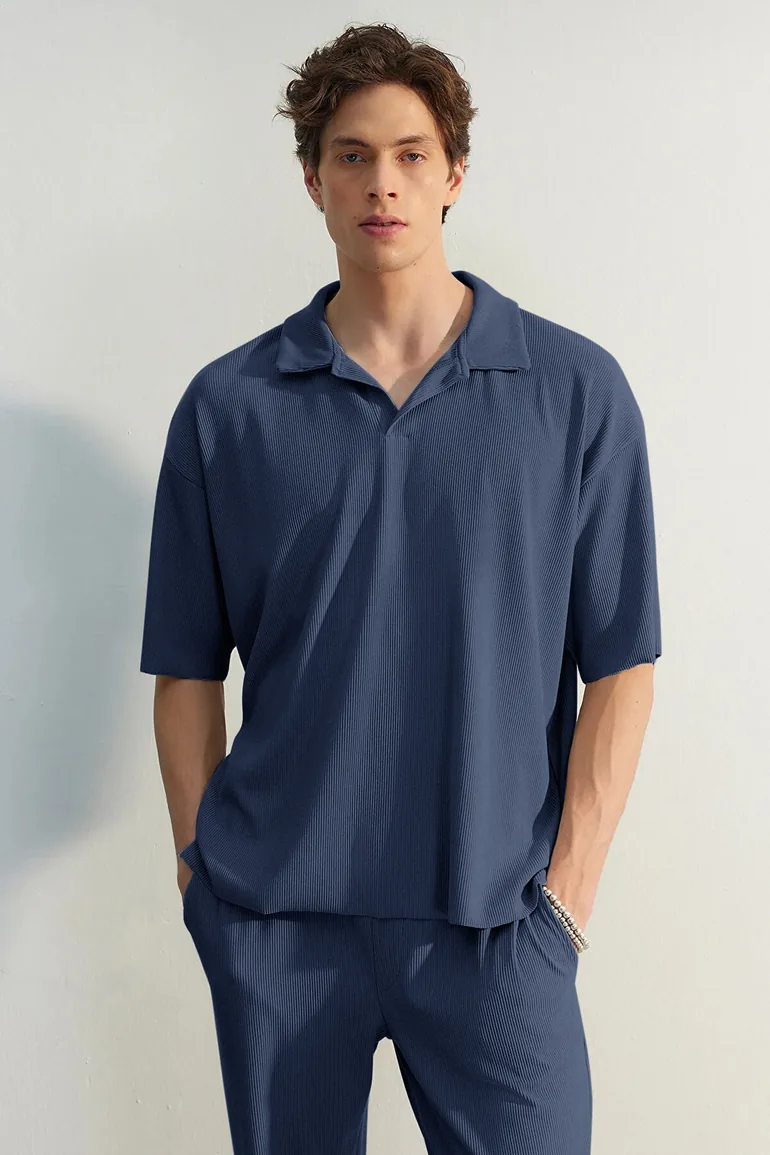 Limited Edition Indigo Men's Oversize Short Sleeve Textured Wrinkle-Free Ottoman Seamless Polo Collar T-Shirt - 2
