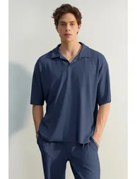 Limited Edition Indigo Men's Oversize Short Sleeve Textured Wrinkle-Free Ottoman Seamless Polo Collar T-Shirt - 2