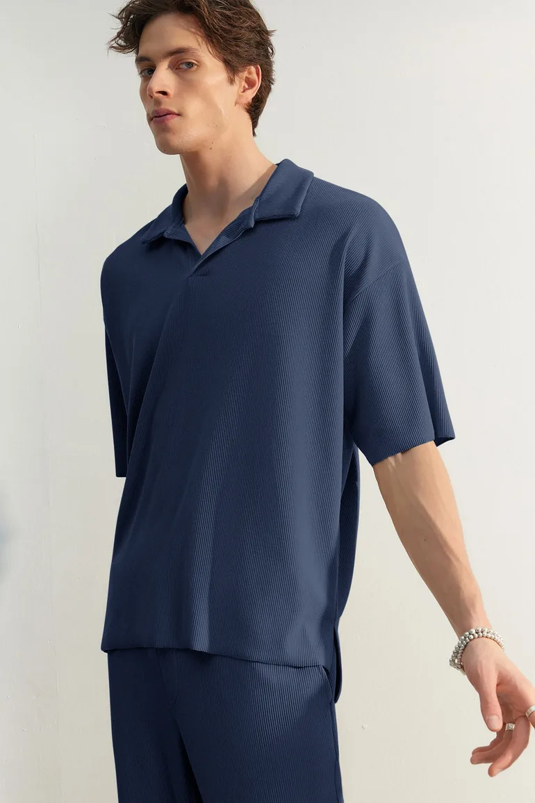 Limited Edition Indigo Men's Oversize Short Sleeve Textured Wrinkle-Free Ottoman Seamless Polo Collar T-Shirt - 4