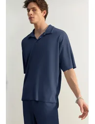 Limited Edition Indigo Men's Oversize Short Sleeve Textured Wrinkle-Free Ottoman Seamless Polo Collar T-Shirt - 4
