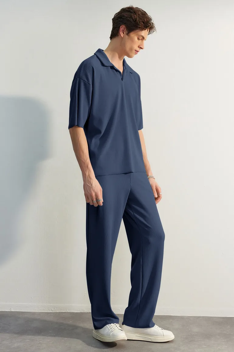 Limited Edition Indigo Men's Oversize Short Sleeve Textured Wrinkle-Free Ottoman Seamless Polo Collar T-Shirt - 6