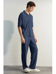 Limited Edition Indigo Men's Oversize Short Sleeve Textured Wrinkle-Free Ottoman Seamless Polo Collar T-Shirt - 6