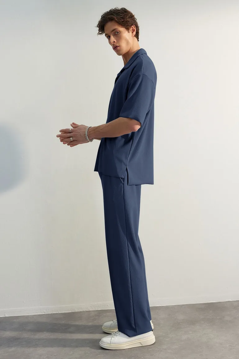 Limited Edition Indigo Men's Oversize Short Sleeve Textured Wrinkle-Free Ottoman Seamless Polo Collar T-Shirt - 5