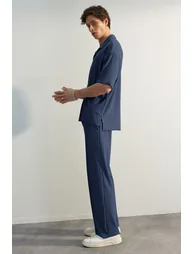 Limited Edition Indigo Men's Oversize Short Sleeve Textured Wrinkle-Free Ottoman Seamless Polo Collar T-Shirt - 5