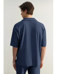 Limited Edition Indigo Men's Oversize Short Sleeve Textured Wrinkle-Free Ottoman Seamless Polo Collar T-Shirt - 1