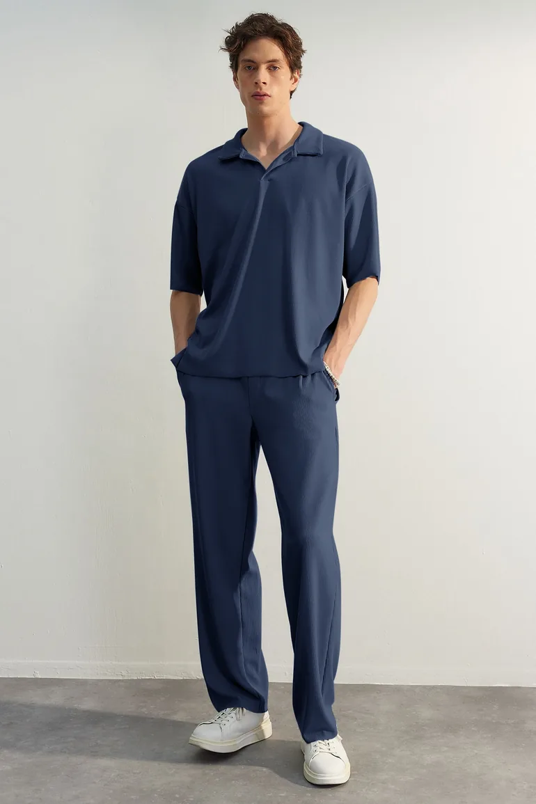 Limited Edition Indigo Men's Oversize Short Sleeve Textured Wrinkle-Free Ottoman Seamless Polo Collar T-Shirt