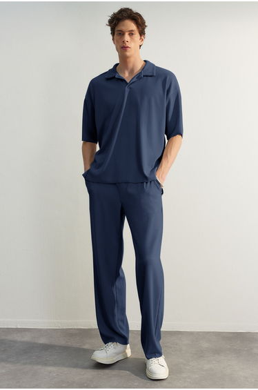 Limited Edition Indigo Men's Oversize Short Sleeve Textured Wrinkle-Free Ottoman Seamless Polo Collar T-Shirt