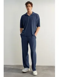 Limited Edition Indigo Men's Oversize Short Sleeve Textured Wrinkle-Free Ottoman Seamless Polo Collar T-Shirt