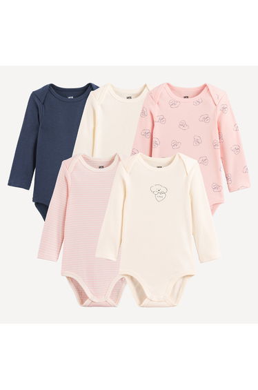 Pack of 5 Dog/Heart Print Long Sleeve Cutaway Shoulder Bodysuits