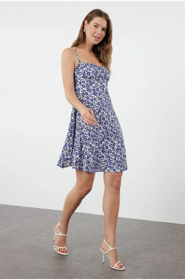 Blue Floral Patterned Textured Straps Stretch Detailed Stretch Knitted Mini Dress