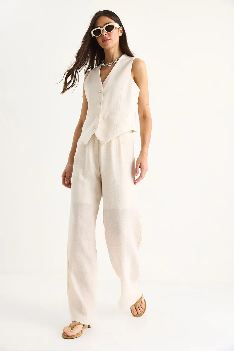 LUCCI V-neck Sleeveless High Waist Three-Piece Coord Set with Wide Leg Pants - 2