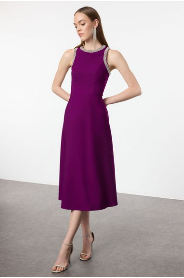 Plum A-Cut Stone Accessory Woven Dress