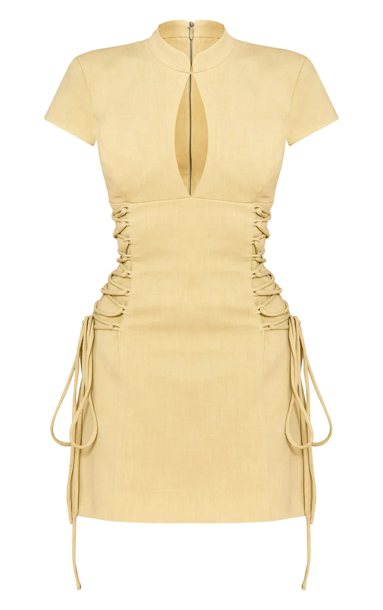 PLT Label Pale Lime Tailored Band Collar Lace Up A-line Dress - 4