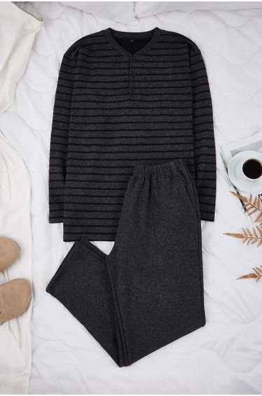 Smoked regular fit textured striped button-down knit pajama set