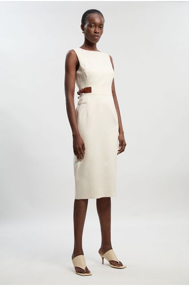 Tailored Linen Tab Waist Pencil Midi Dress