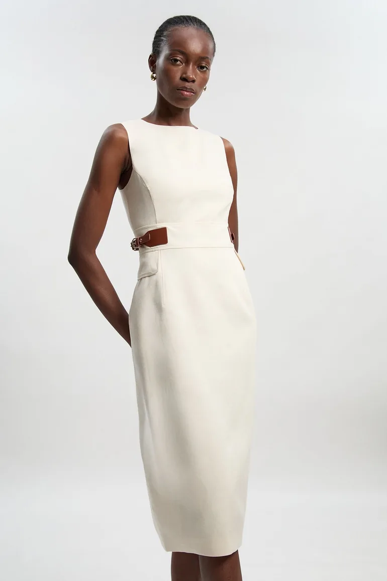 Tailored Linen Tab Waist Pencil Midi Dress - 1