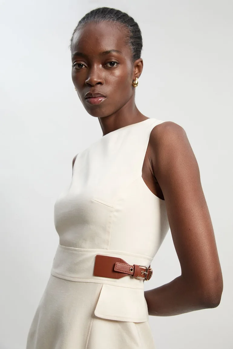 Tailored Linen Tab Waist Pencil Midi Dress - 2