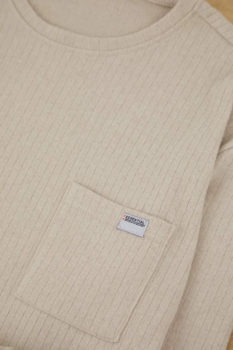 Beige Regular Fit Pocket Detail Label Detail Soft Button Thick Knitted Pajama Set - 2