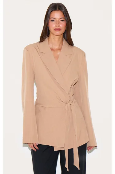 Taupe Tie Front Structured Blazer