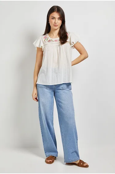 Floral Embroidered Double Frill Angel Sleeve Top