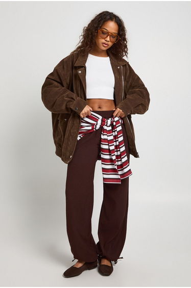 Textured Bubble Hem Wide Leg Trouser - chocolate