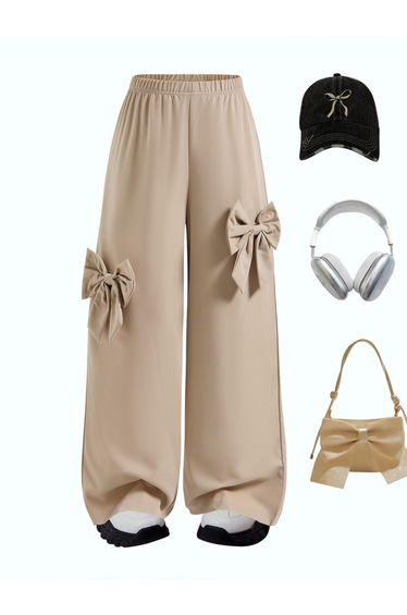 Girls Beige Wide Leg Pants with Bow Detail
