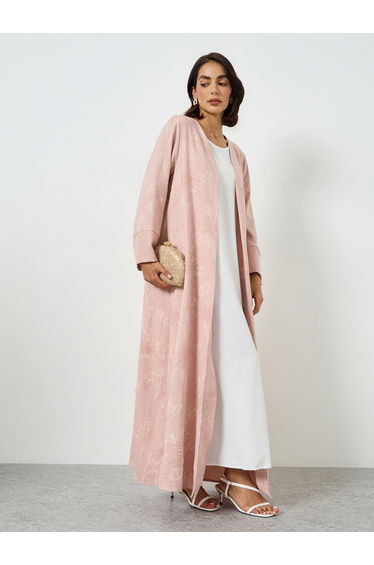 Light Pink Floral Print Front Open Abaya