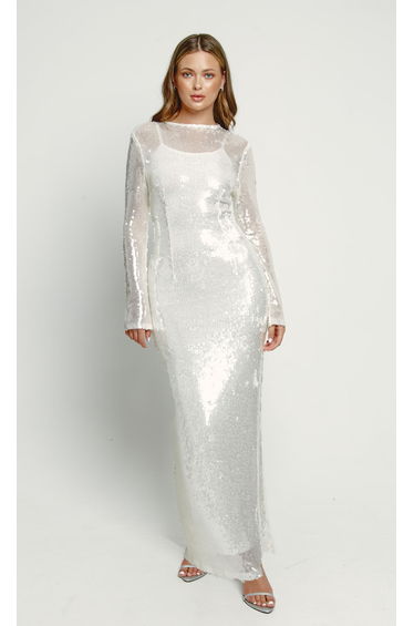 White Sequin Long Sleeve Maxi Dress