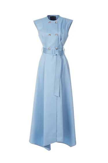 A-Line High Waisted Belted Buttoned Pockets Solid Color Round-Neck Maxi Dresses