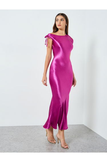 Women Purple Satin One Shoulder Dress