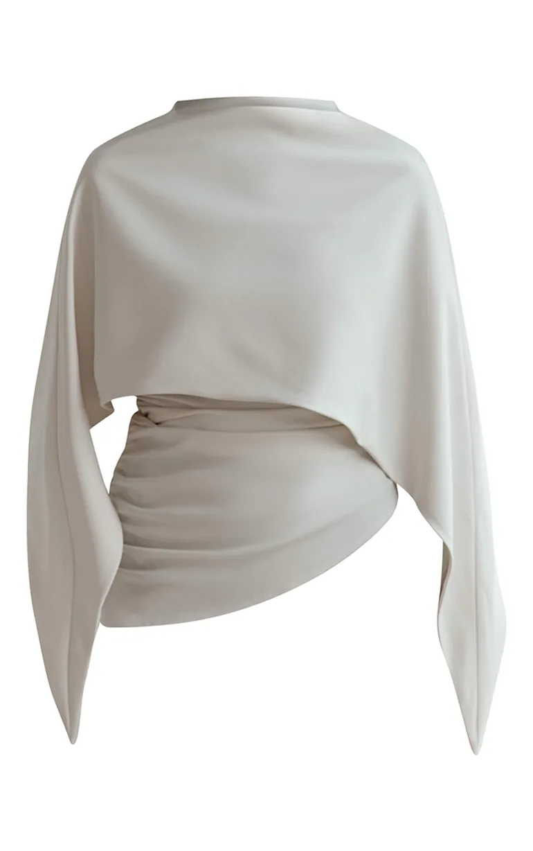 Ecru Woven Cape Detail Ruched Long Top - 4