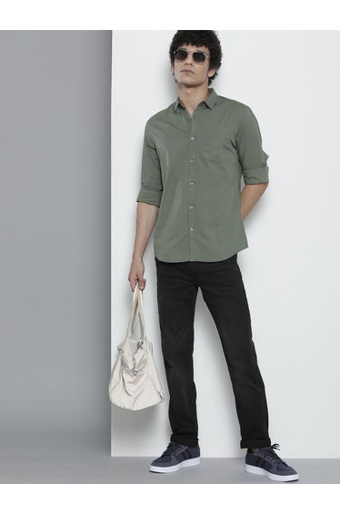 Men Olive Green Solid Regular Shirt