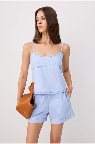 Light Blue Strappy Crop Denim Blouse