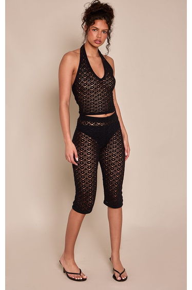 Black Crochet Knit Mid Rise Capris