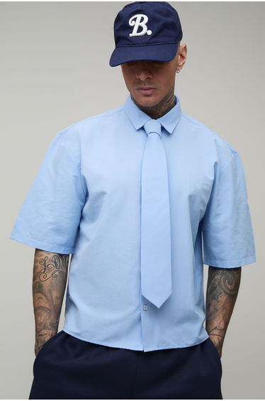 Oversized Boxy Half Sleeve Shirt and Tie - blue