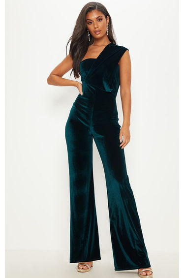 Emerald Green Velvet Drape One Shoulder Jumpsuit