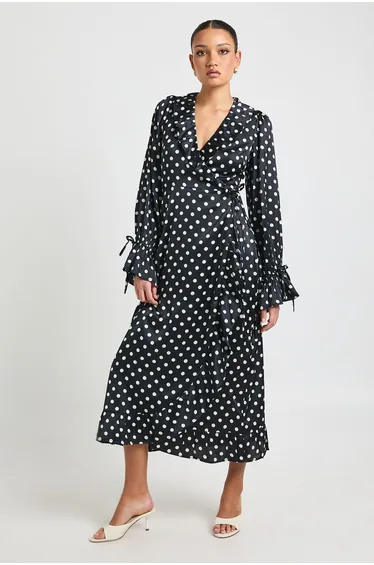 Polka Dot Print Ruffle Wrap Midi Dress - black