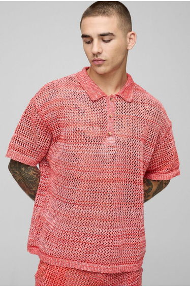 Oversized Twisted Yarn Button Neck Knitted Polo - red