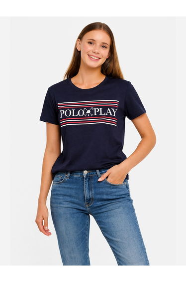 Navy Blue Logo Print Crew Neck T-Shirt