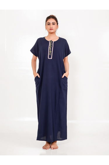 Navy Cotton Nightdress with Embroidered Placket