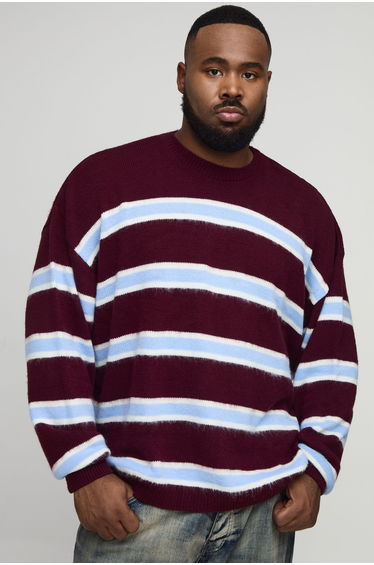 Plus Contrast Stripe Brushed Knit Oversized Jumper - burgundy