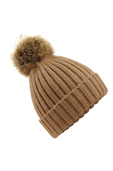 Beechfield Pom Pom Faux Fur Chunky Knit Beanie - Biscuit