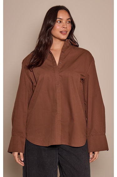 Plus Cotton Chocolate Oversized Cuff Shirt