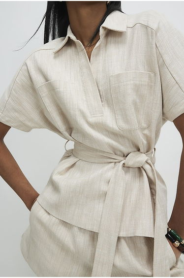Cream Linen Look Collared Belted Top