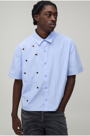 Oversized Boxy Eyelet Detail Short Sleeve Stripe Shirt - blue